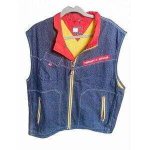 VTG Tommy Hilfiger Men's Denim Zip Up Fanny Pack Retro Vest Size XL